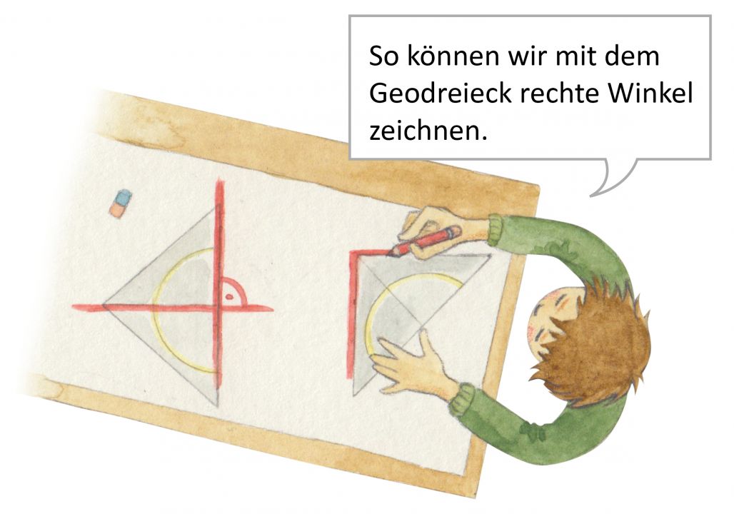 Illustration eines Kindes, welches mit einem Geodreieck arbeitet und verschiedene Zeichnungen erstellt hat. Es zeichnet die Spitze des Geodreiecks nach und sagt: „So können wir mit dem Geodreieck rechte Winkel zeichnen.“