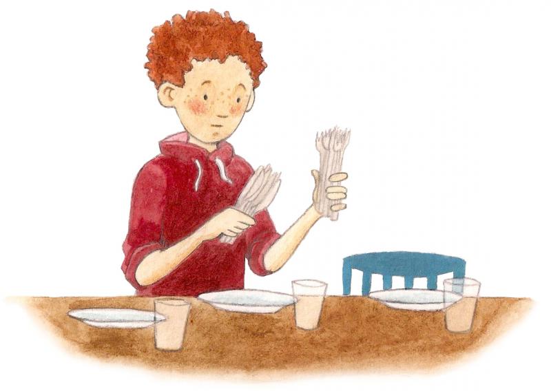 Illustration eines Kindes, dass vor einem Tisch steht, auf dem 3 Teller und 3 Gläser stehen. In der Hand hält es viele Messer und viele Gabeln.