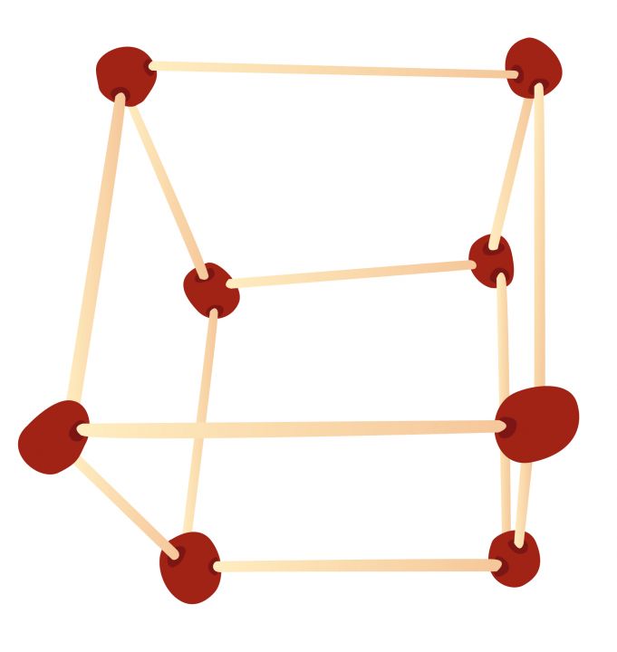 Skizze eines Kantenmodells eines Würfels. Zusammengesteckt aus Streichhölzern und Knete. 
