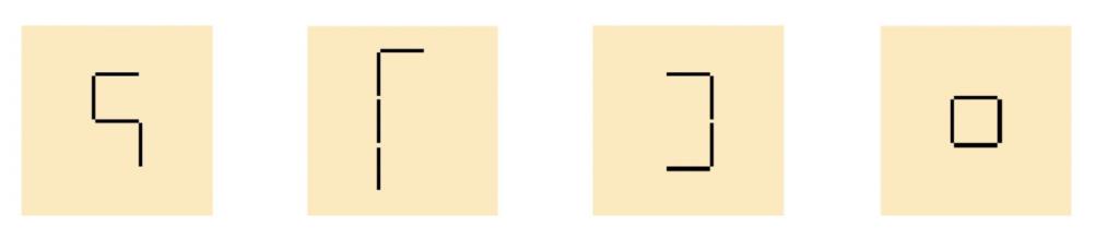 4 Beispiele für Streichholzvierlinge, wobei jeweils 4 Streichhölzer aneinander gelegt wurden.