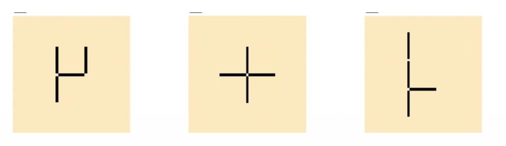 Abbildung von 3 Streichholzvierlingen, die alle durch das Umlegen eines Streichholzes ineinander umgebaut werden können. 3 Streichhölzer stimmen jeweils überein.