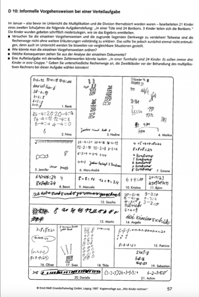 Auszug einer Buchseite „Wie Kinder rechnen“. Überschrift: „D 10: Informelle Vorgehensweisen bei einer Verteilaufgabe“. Darunter: Zusammenstellung verschiedener Schülerdokumente.