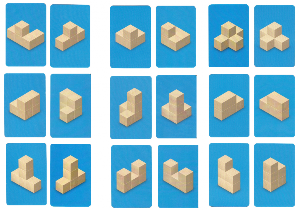 Strukturierte Abbildung von 18 Spielkarten (9 Kartenpaare) des Spiels „Potz Klotz“.