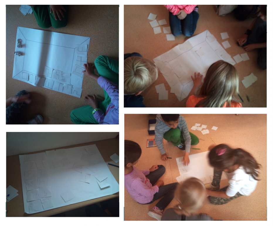 Collage aus 4 Fotos, die zeigen, wie Kinder mit den Streichholzvierlingen arbeiten und die gefundenen Vierlinge aufzeichnen.