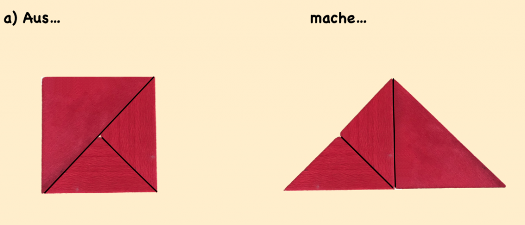 Ausschnitt aus einer Aufgabe. Abgebildet sind ein Quadrat und ein Dreieck, die jeweils mit den gleichen Formen gelegt wurden. Aufgabenstellung: „Aus…“ (Quadrat), „mache…“ (Dreieck).