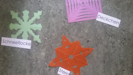 Foto der drei Faltschnitte mit einer Beschriftung. Bei dem grünen Faltschnitt steht „Schneeflocke“, bei dem orangenen Faltschnitt „Stern“ und bei dem violetten Faltschnitt „Deckchen“.