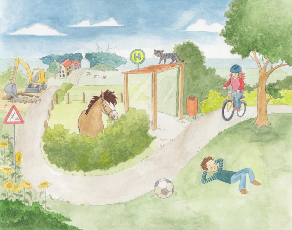 Abbildung einer Landschaft über die ein Weg führt. Auf dem Weg befindet sich eine Radfahrerin. Auf der Wiese neben dem Weg liegt ein Junge im Gras neben einem Fußball. Auf der anderen Seite sind eine Bushaltestelle und eine Pferdekoppel. Außerdem folgt eine Baustelle mit einem gelben Bagger weiter hinten.