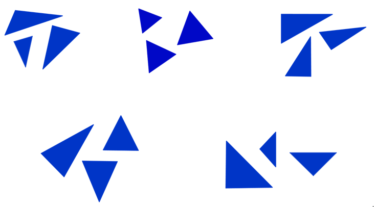 5 Gruppierungen von jeweils 3 Dreiecken, die sich hinsichtlich ihrer Seitenlänge oder ihrer Winkel ähneln.