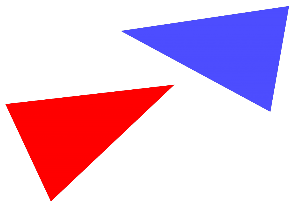 Ein blaues und ein rotes gleichschenkliges aber nicht rechtwinkliges Dreieck.