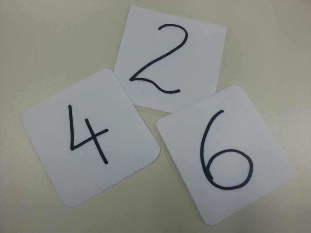 Foto von 3 Ziffernkarten „2“, „4“, „6“.