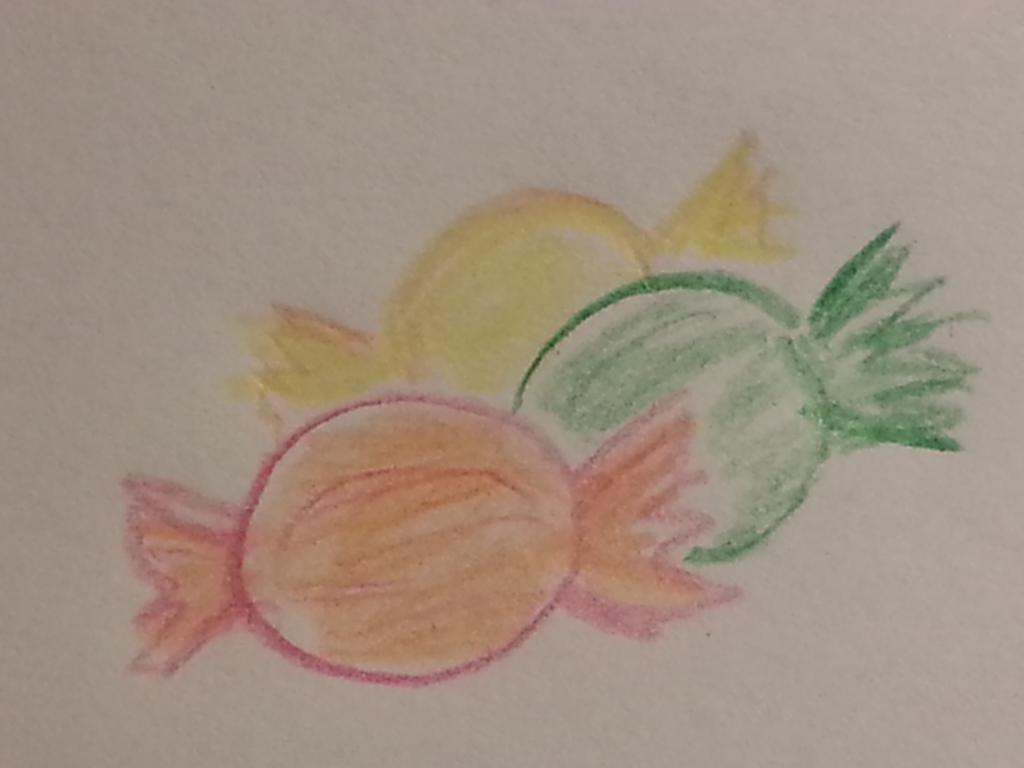 Zeichnung von einem gelben, einem grünen und einem roten Bonbon.