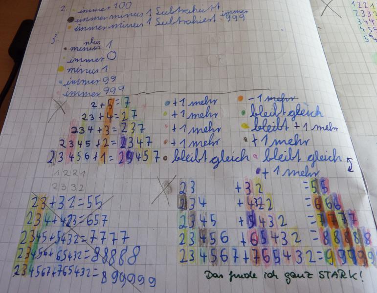 Schülerdokument zur Lösung von Aufgabenpaketen unter Verwendung von Forschermitteln. Hier hat das Kind eine Legende angelegt, die den Farben eine bestimmte Bedeutung zuschreibt. Zum Beispiel blau = plus 1 mehr, orange = minus 1, grün = bleibt gleich und so weiter.