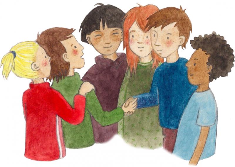 Illustration von 6 Kindern, die sich gegenseitig die Hand geben.
