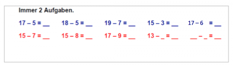 Überschrift: „Immer 2 Aufgaben“. Darunter 2 Reihen mit jeweils 5 Subtraktionsaufgaben. Die obere Reihe in blau und die untere Reihe in rot. Übereinander stehen die Aufgaben: „17 minus 5 = _ und 15 minus 7 = _“, „18 minus 5 = _ und 15 minus 8 = _“, „19 minus 7 = _ und 17 minus 9 = _“, „15 minus 3 = _ und 13 minus _ = _“, „17 minus 6 = _ und _ minus _ = _“.