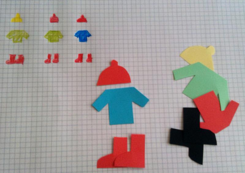 Schülerlösung: Unten rechts liegen verschiedene ausgeschnittene Kleidungsstücke (Mütze, Pullover, Stiefel) in verschiedenen Farben. Eine Möglichkeit bestehend aus einer roten Mütze, einem blauen Pullover und roten Stiefeln wurde gelegt. Daneben liegen weitere ausgeschnittene Kleidungsstücke auf einem Haufen. Oben links hat das Kind 3 mögliche Kombinationen gezeichnet: Erstens gelbe Mütze, grüner Pullover, rote Stiefel. Zweitens rote Mütze, grüner Pullover, rote Stiefel. Drittens rote Mütze, grüner Pullover, rote Stiefel. 