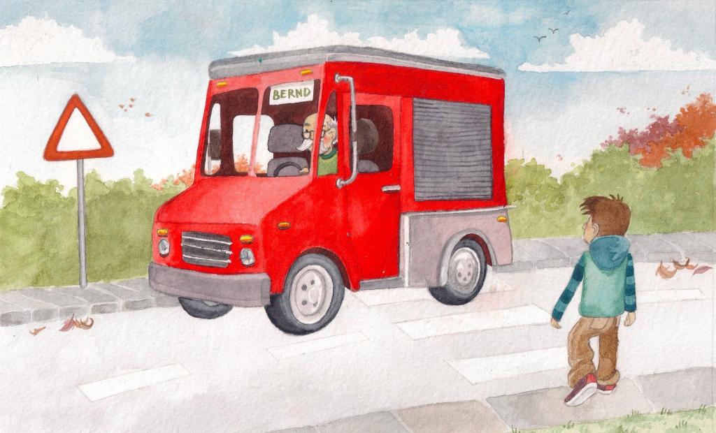 Bild einer Straße mit Zebrastreifen, über den ein roter Lastwagen fährt. Am Zebrastreifen steht ein Kind.