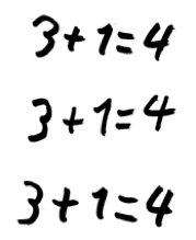 Schülerlösung zu Aufgabenteil 1: „3 plus 1 = 4, 3 plus 1 = 4, 3 plus 1 = 4“. Schülerlösung zu Aufgabenteil 2: Oben „gleich 4“. Darunter 4 Kreise mit jeweils 3 Plättchen.