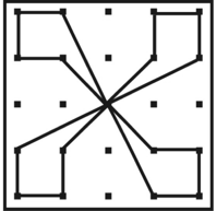 Abbildung eines 5 mal 5 Geobretts auf dem  eine Figur durch Verbinden einzelner Punkte erzeugt. Diese geht vom Mittelpunkt aus und hat die Form eines vierflügeligen Mühlrades.