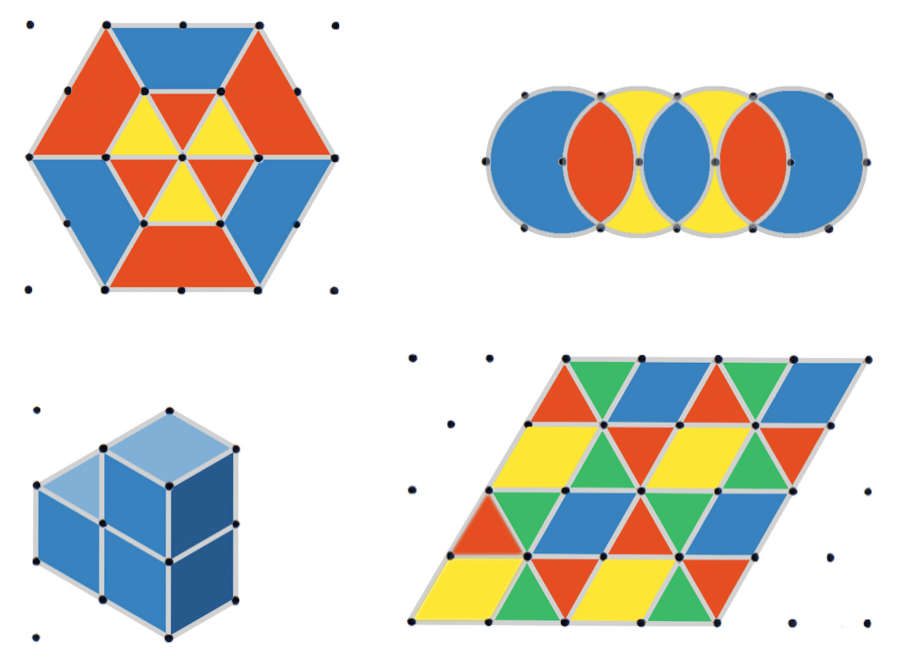 Abbildung von 4 Figuren (Muster und Figuren) auf Isometriepapier. Oben links: sechseckiges Muster aus Dreiecken und Trapezen. Oben rechts: Muster aus Kreisen, die sich überlappen. Unten links: dreidimensionales Würfelgebäude. Unten rechts: Parallelogrammförmiges Muster aus Dreiecken.
