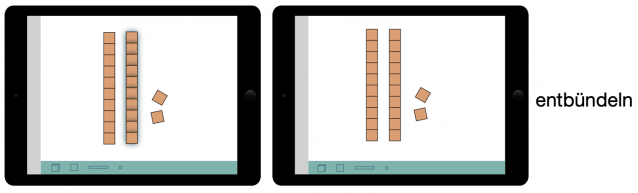 Abbildung von 2 Tabletbildschirmen, die jeweils 2 Zehnerstangen und 2 Einerwürfel anzeigen. Daneben steht der Begriff „entbündeln“. 