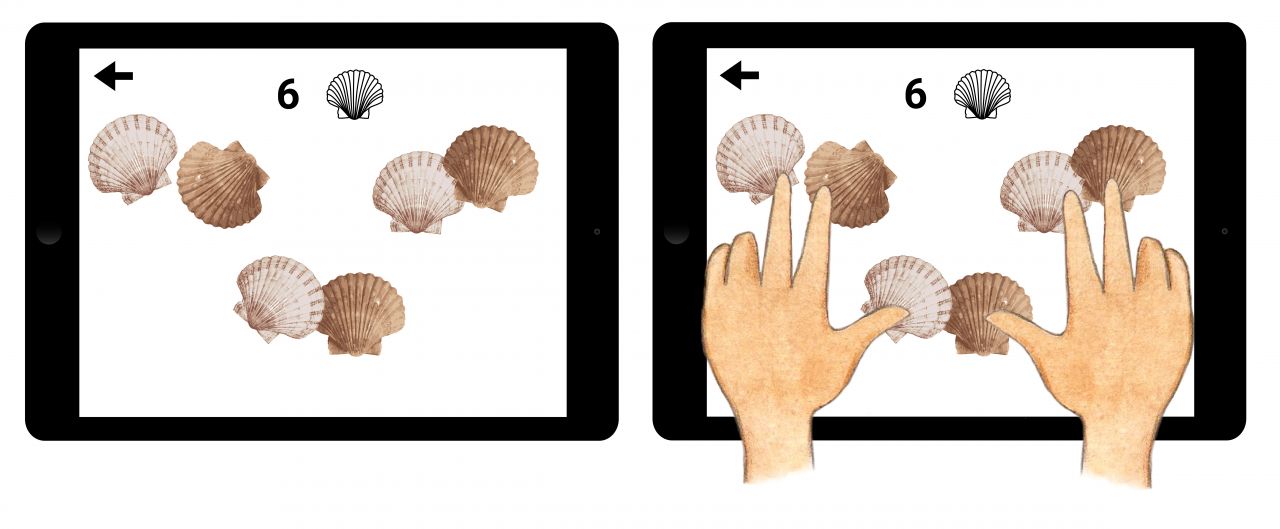2 Tabletbildschirme. Links: 6 Muscheln. Rechts: 6 Muscheln, während 6 Finger den Bildschirm gleichzeitig berühren.