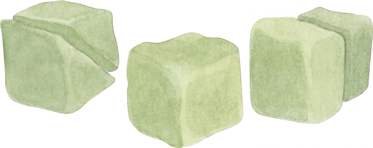 Illustration von 4 grünen Körpern, die aus Knete erstellt wurden. Dabei weisen diese eine Würfelform auf. Ein Würfel wurde in 2 Hälften geteilt.