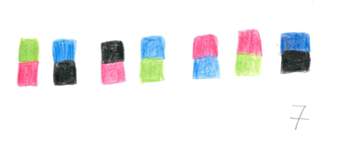 Schülerdokument zum „Türme bauen“: Lara findet 7 Türme: grün-pink, blau-schwarz, schwarz-pink, blau-grün, pink-blau, pink-grün, blau-schwarz.