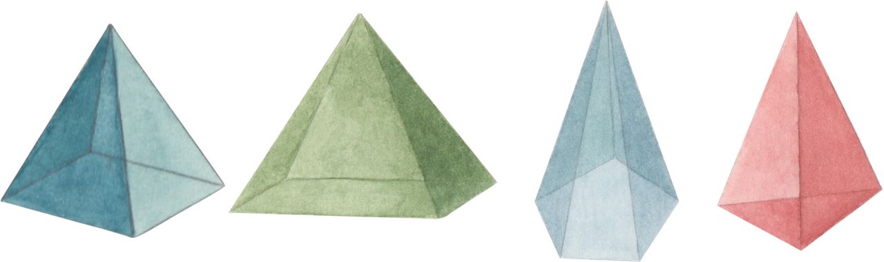 Illustration von 4 verschiedenen Pyramiden, welche sich in ihrer Farbe und in ihrer Grundfläche unterscheiden. Blau: Quadratische Grundfläche, grün: rechteckige Grundfläche, hellblau: fünfeckige Grundfläche, rot: dreieckige Grundfläche.