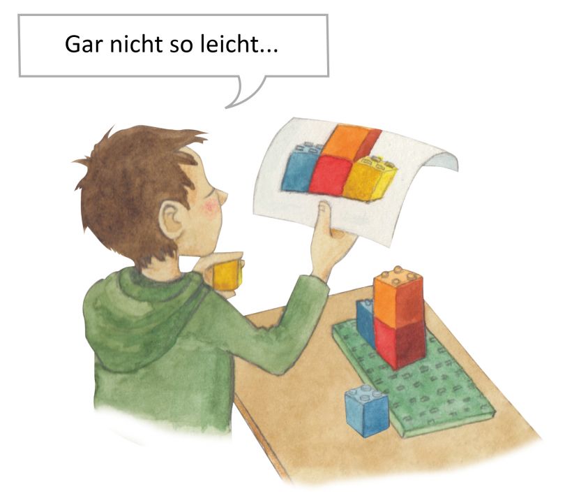Illustration eines Kindes, welches mit Legosteinen ein abgebildetes Bauwerk nachbaut. Sprechblase: „Gar nicht so leicht…“