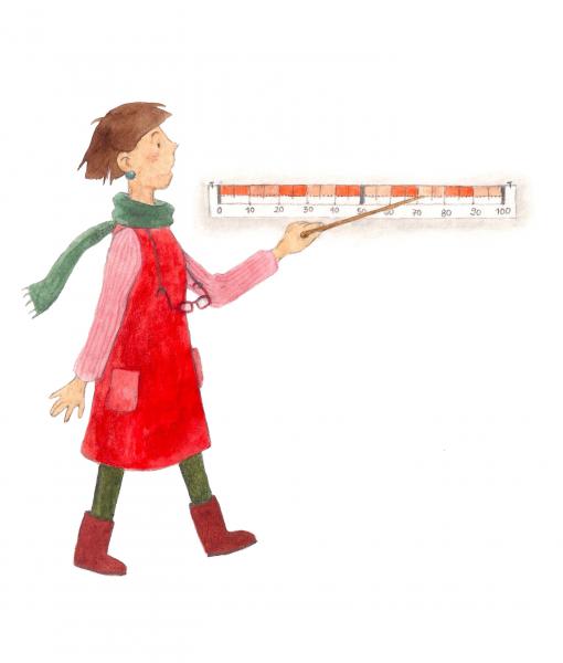Illustration einer Lehrkraft, die mit einem Zeigestock auf einen großen Zahlenstrahl von 0 bis 100 zeigt.
