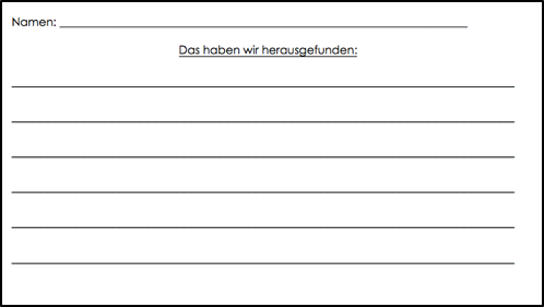Ausschnitt aus einem Arbeitsblatt. Überschrift: „Das haben wir herausgefunden“. Darunter 6 Schreiblinien.