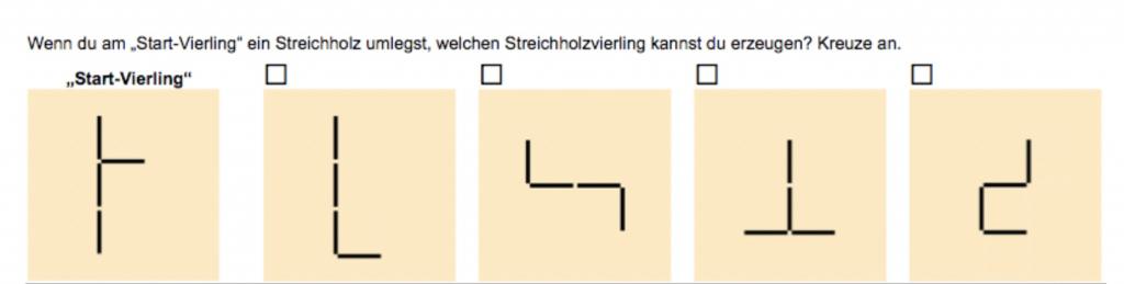 Forscherauftrag zu Streichholzvierlingen. Aufgabenstellung: „Wenn du am „Start-Vierling“ ein Streichholz umlegst, welchen Streichholzvierling kannst du erzeugen? Kreuze an.“ Darunter: Abbildung von 5 Streichholzvierlingen. Links: „Start-Vierling“, alle Rechts davon: Möglichkeit zum Ankreuzen.