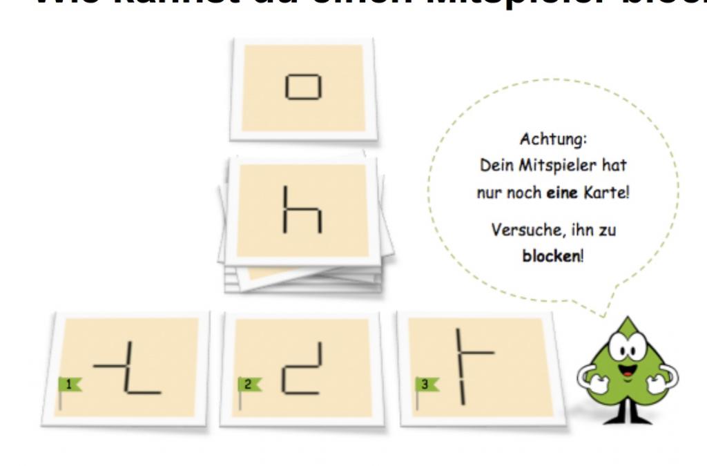 Abbildung von dem Spiel „Vierlino“. Mittig: Stapel mit Streichholzvierling-Karten. Dahinter liegt eine Karte und davor liegen 3 Karten offen. Rechts davon Piko: „Achtung: Dein Mitspieler hat nur noch eine Karte. Versuche ihn zu blocken!“