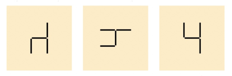 3 Streichholzvierlinge. Links: Streichholzvierling in Form einer nach unten gedrehten gespiegelten 4. Mittig: Streichholzvierling in Form einer nach links gekippten 4. Rechts: Streichholzvierling in Form einer 4.