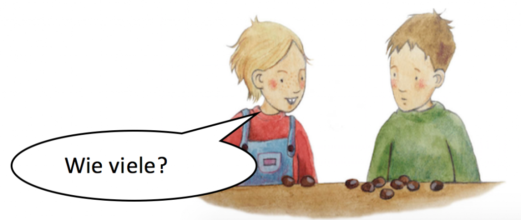 Illustration zweier Kinder, die Kastanien zählen. Sprechblase: „Wie viele?“