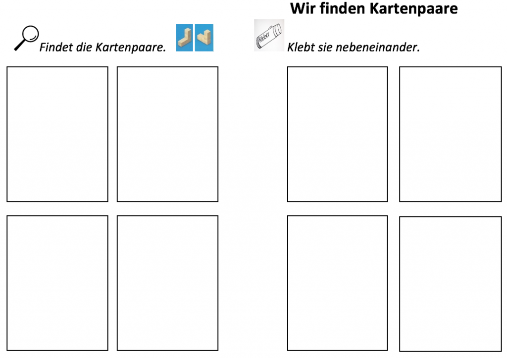 Arbeitsauftrag zum Spiel „Potz Klotz“. Überschrift: „Wir finden Kartenpaare. Findet die Kartenpaare. Klebt sie nebeneinander.“ Darunter 2 mal 4 Rechtecke, die Platz für die Spielkartenpaare bieten.