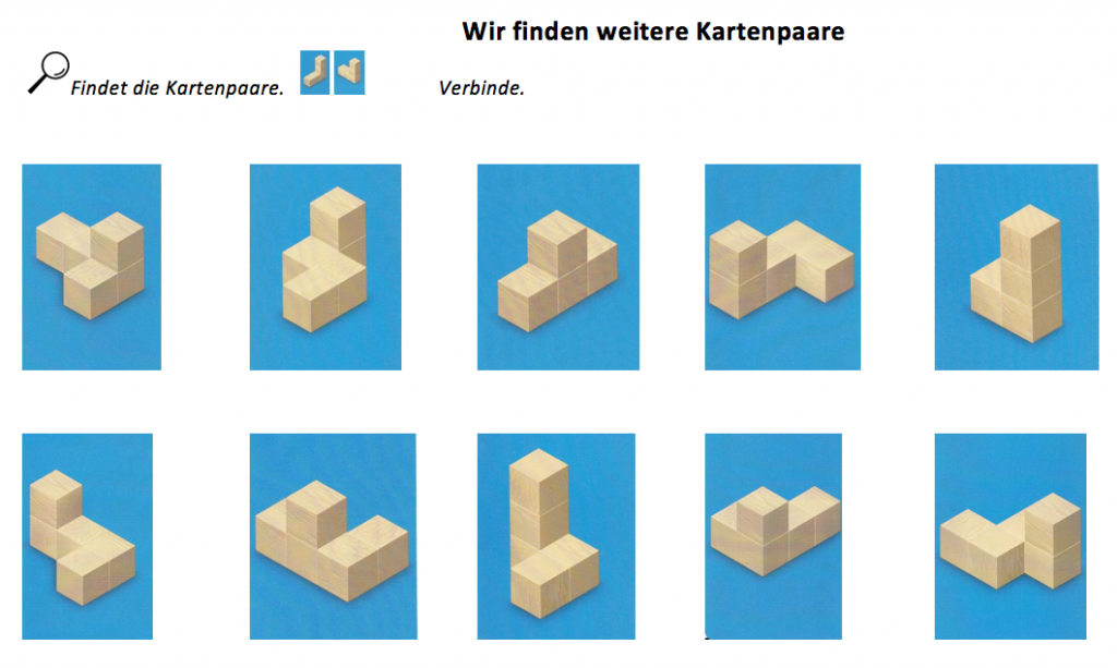 Ausschnitt aus einer Aufgabe zum Spiel „Potz Klotz“. Überschrift: „Wir finden weitere Kartenpaare.“ Aufgabenstellung: „Findet die Kartenpaare. Verbinde.“ Darunter Abbildung von 2 mal 5 Spielkarten.
