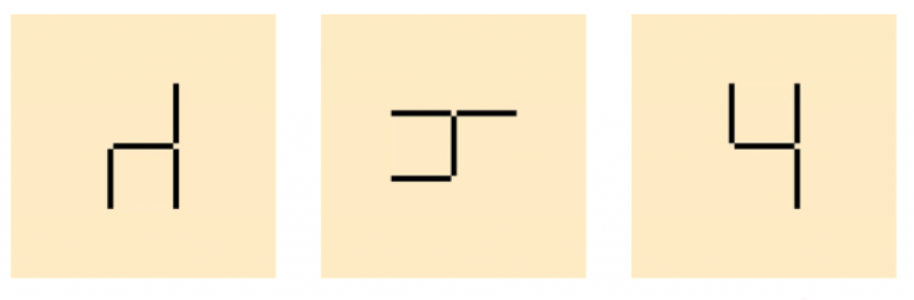 Abbildung von 3 Streichholzvierlingen, die alle durch das Umlegen eines Streichholzes ineinander umgebaut werden können. 3 Streichhölzer stimmen jeweils überein.