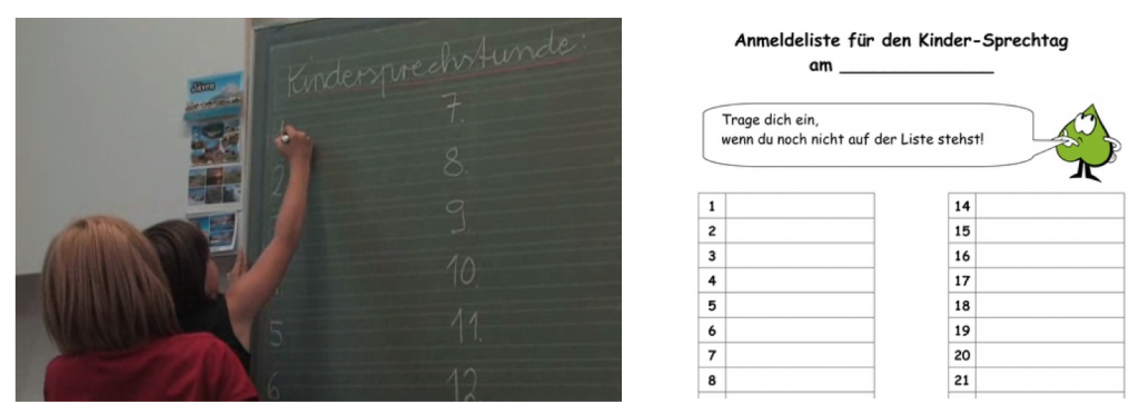 Anmeldeformen zur Kindersprechstunde. Links: Foto eines Kindes, dass sich an der Tafel in eine Liste einträgt. Rechts: Abbildung einer „Anmeldeliste für den Kinder-Sprechtag“. 