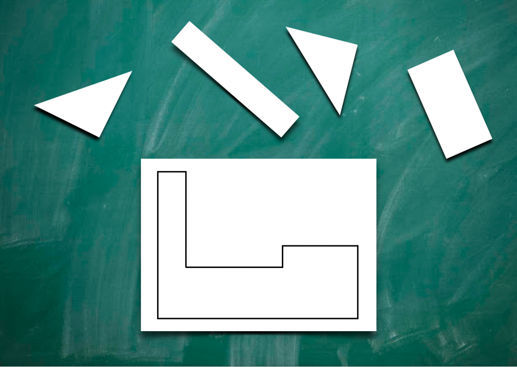 Foto einer Tafel. Unten: weißes Blatt mit einem gezeichneten Grundriss. Darüber: 4 Figuren (2 Dreiecke und 2 Rechtecke).