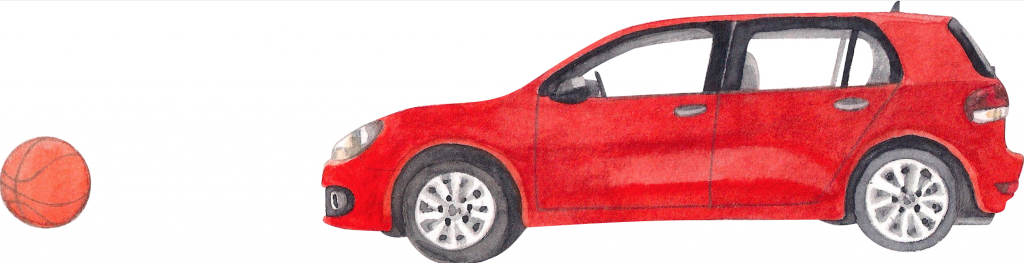 Abbildung: links: Basketball, rechts: rotes Auto.