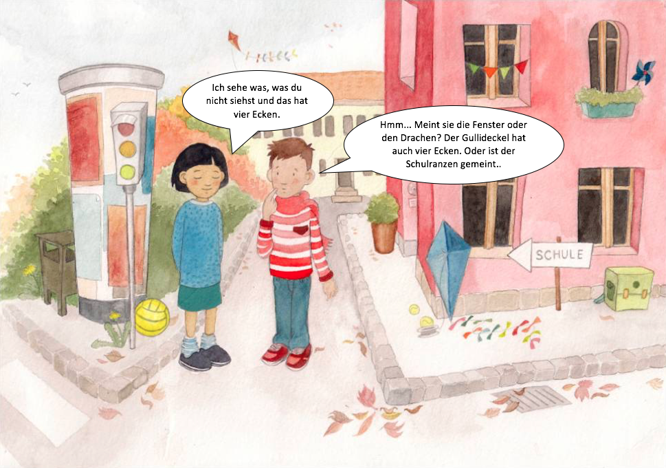 Illustration zu geometrischen Figuren im Alltag. Zwei Kinder stehen auf einer Straße. Um sie herum befinden sich eine Ampel, eine Litfaßsäule, Straßenschilder, Häuser, ein Drachen, usw. Das Mädchen sagt: „Ich sehe was, was du nicht siehst und das hat 4 Ecken.“ Der Junge sagt: „Hmm… Meint sie die Fenster oder den Drachen? Der Gullideckel hat auch 4 Ecken. Oder ist der Schulranzen gemeint?“. 