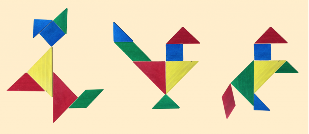 Abbildung von 3 Tierfiguren, die aus Tangramteilen gelegt wurden. 