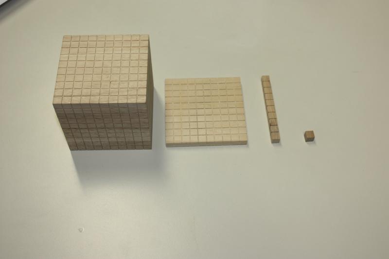 Foto von Dienes-Material: Tausenderwürfel, Hunderterplatte, Zehnerstange und Einerwürfel.