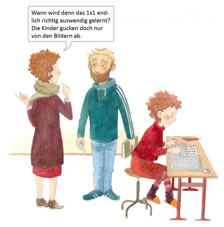 Illustration zum gestützten Üben. Ein Kind sitzt an seinem Schreibtisch und ist über ein Heft gebeugt. Daneben 2 Erwachsene. Die Frau sagt: „Wann wird denn das 1 mal 1 endlich richtig auswendig gelernt? Die Kinder gucken doch nur von den Bildern ab.“