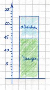 Gezeichnetes Säulendiagramm mit einer Säule, die von 0 bis 15 grün gefärbt wurde und die „Jungen“ abbildet und von 15 bis 23 blau gefärbt wurde und die „Mädchen“ abbildet.