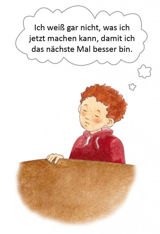Illustration zur Rückmeldung von Leistungen durch eine Klassenarbeit. Abbildung eines traurig schauenden Kindes mit Gedankenblase: „Ich weiß gar nicht, was ich jetzt machen kann, damit ich das nächste Mal besser bin.“