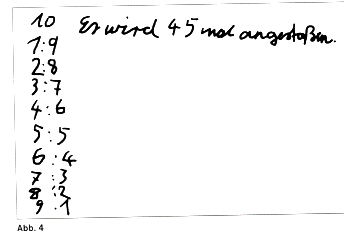 „10, 1 : 9, 2 : 8, 3 : 7, 4 : 6, 5 : 5, 6 : 4, 7 : 3, 8 : 2, 9 : 1. Es wird 45 mal angestoßen.“