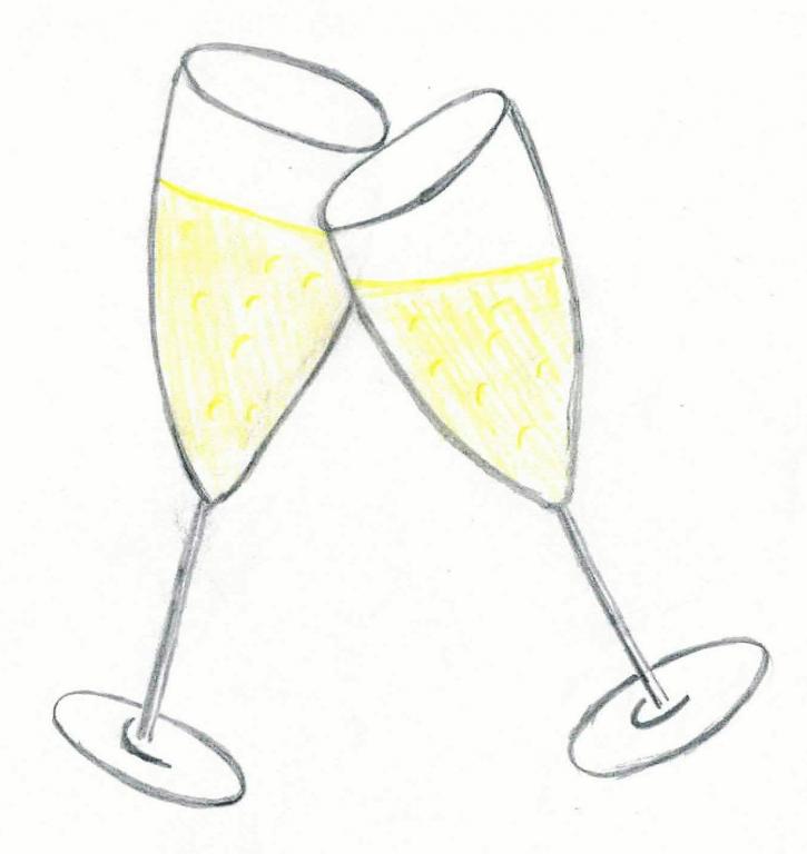 Zeichnung von 2 anstoßenden Sektgläsern.