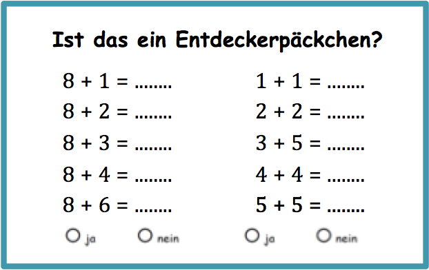 Überschrift: „Ist das ein Entdeckerpäckchen?“. Darunter zwei Aufgabenpäckchen unter denen anschließend „ja“ oder „nein“ angekreuzt werden soll. 